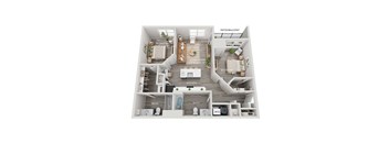 A floor plan of an apartment with a living room, kitchen, and two bedrooms.