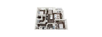 A floor plan of an apartment with a living room, dining room, kitchen, and bedrooms.