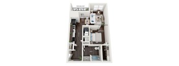 A floor plan of a small apartment with a living room, kitchen, and bedroom.