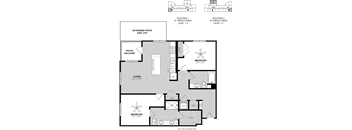 A floor plan shows a living area, two bedrooms, a patio, and a balcony.