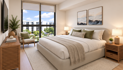 A well-lit bedroom with a large bed and a view of the outside.