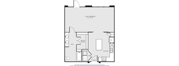 A floor plan of a living and bedroom area with a kitchen and bathroom.