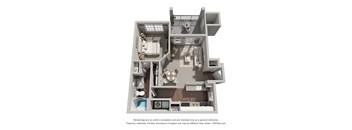 A 3D floor plan of a house with a kitchen, living room, and bathrooms.