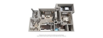 A 3D rendered image of a house layout.