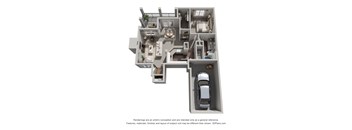A 3D floor plan of a house with a car parked in the driveway.