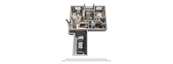 A 3D floor plan of a house with a car parked in the driveway.