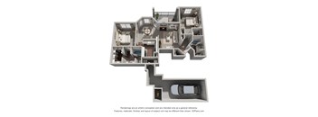 A 3D floor plan of a house with a kitchen, living room, and two bedrooms.