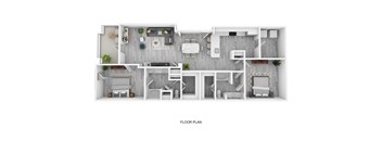 A floor plan of a house with a living room, dining room, kitchen, and bedrooms.