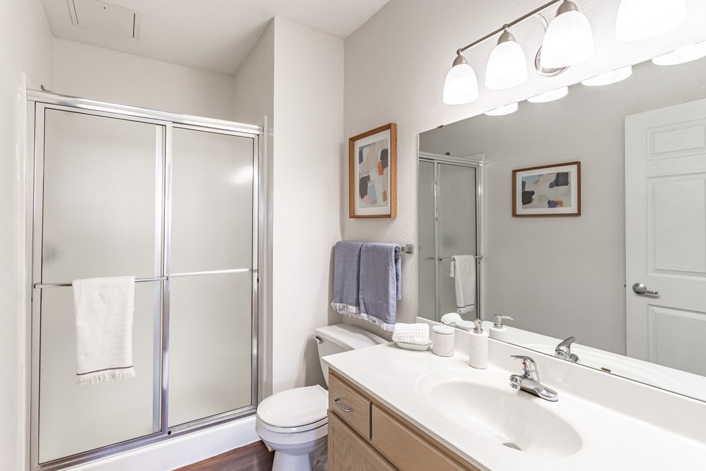 a bathroom with a white sink and toilet next to a shower with a glass door at Lake Susan Apartments in Chanhassen, MN