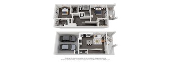 A 3D floor plan of a house with two bedrooms, a living room, a kitchen, and a garage.