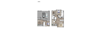 A floor plan of an apartment with two bedrooms, two bathrooms, and a garage.