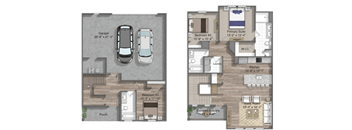 3x3 1,482 sqft floor plan of a house with a garage, two bedrooms, a laundry room, a kitchen, a great room, and a porch.