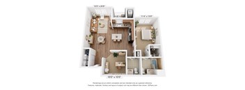 A 3D floor plan of a small apartment with a kitchen, living room, and bathroom.