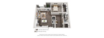 A 3D floor plan of a small apartment with an alternate cabinet finish and alternate flooring.