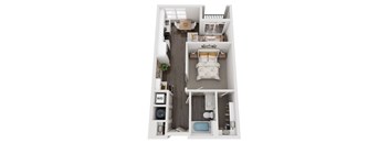 A top-down view of a small apartment layout with a bedroom, living room, and bathroom.