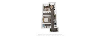 A 3D floor plan of a two-story apartment with a living room, kitchen, dining room, and bedrooms.