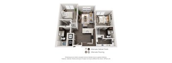 A 3D floor plan of a small apartment with labeled rooms and furniture.