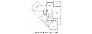 Live Oak Floorplan - 2 Bed, 2 Bath, 1,022 square feet, 1st level.