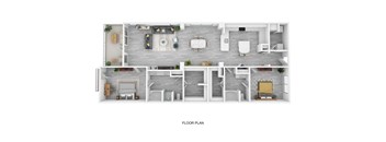 A floor plan of a house with a living room, kitchen, and two bedrooms.