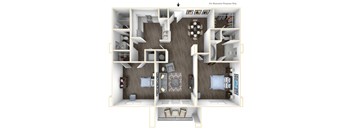 A detailed 3D floor plan of a small apartment layout.
