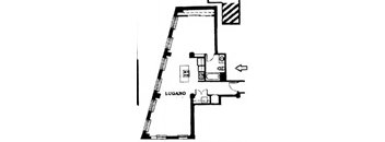 A black and white drawing of a floor plan with the word "LUGANO" on it.