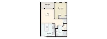 A floor plan of a small apartment with a living room, kitchen, bathroom, bedroom and balcony.