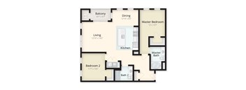 A floor plan of an apartment with a living room, kitchen, two bedrooms, a master bedroom, and a balcony.