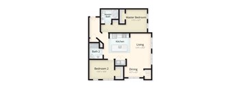 A floor plan of a house with a master bedroom, a kitchen, a dining area, a living room, and two bathrooms.