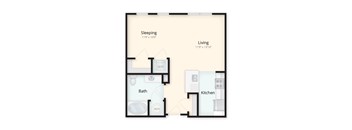 A studio apartment with a bathroom and kitchen