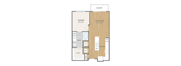A floor plan of a balcony apartment with a bedroom, living/dining area, kitchen, bath, and closet.