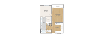 A floor plan of a small apartment with a bedroom, living room, kitchen, and bathroom.