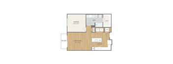A floor plan of a room with a bedroom, bath, living area, kitchen, and pan.