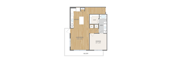 A floor plan of a small apartment with a living area, kitchen, and bathroom.
