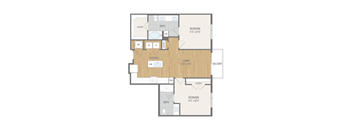 A floor plan of a house with a kitchen, living room, and two bedrooms.