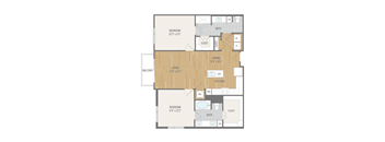 A floor plan of a house with a living room, dining room, kitchen, and two bedrooms.