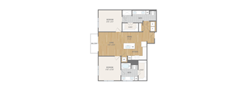 A floor plan of a house with a living room, dining room, kitchen, two bedrooms, and two bathrooms.