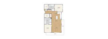 A floor plan of a house with two bedrooms, a kitchen, a bathroom, and a balcony.