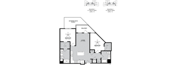 A floor plan of a two-story building with a balcony and two bedrooms.