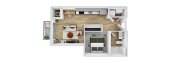 a bedroom floor plan with a bathroom and a living room