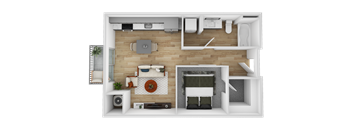 a top down view of a bedroom with a wood floor