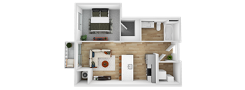 a 3d rendering of a bedroom and bathroom with a wood floor