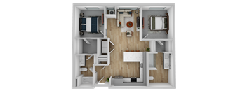 a stylized rendering of a bedroom floor plan with a wood floor