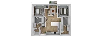 a layout of a bedroom and living room with wood flooring