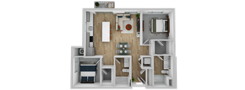 a stylized rendering of a bedroom and living room with a wood floor