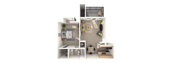 A 3D floor plan of a small apartment with a kitchen, living room, and bathroom.