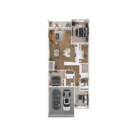 A floor plan of a house with a kitchen, living room, dining room, and two bedrooms.