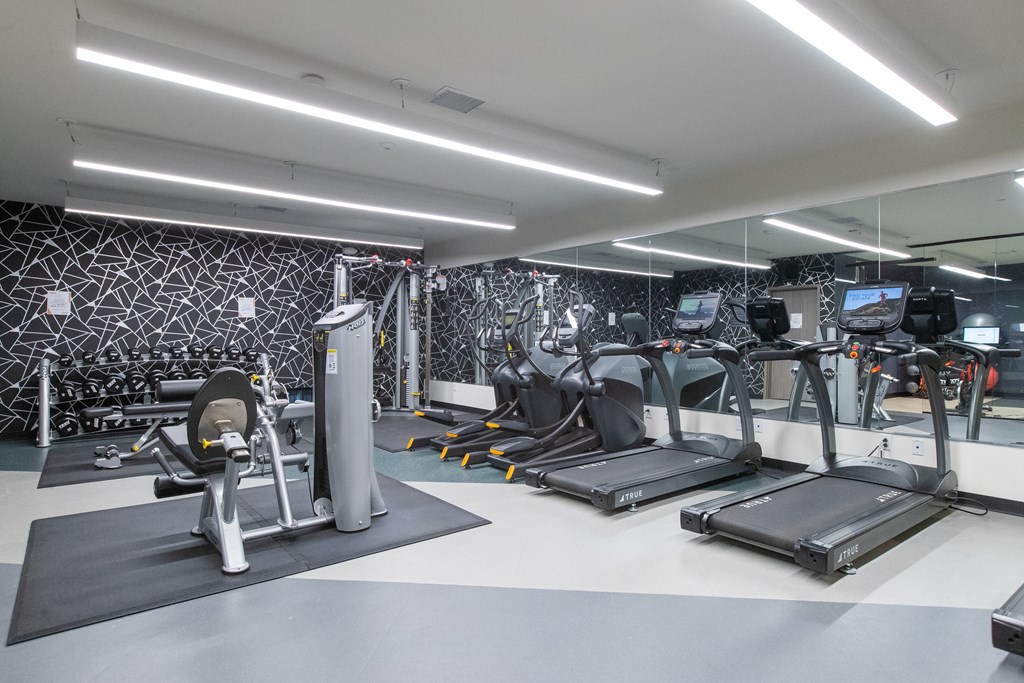 a gym with a lot of exercise equipment and a patterned wall