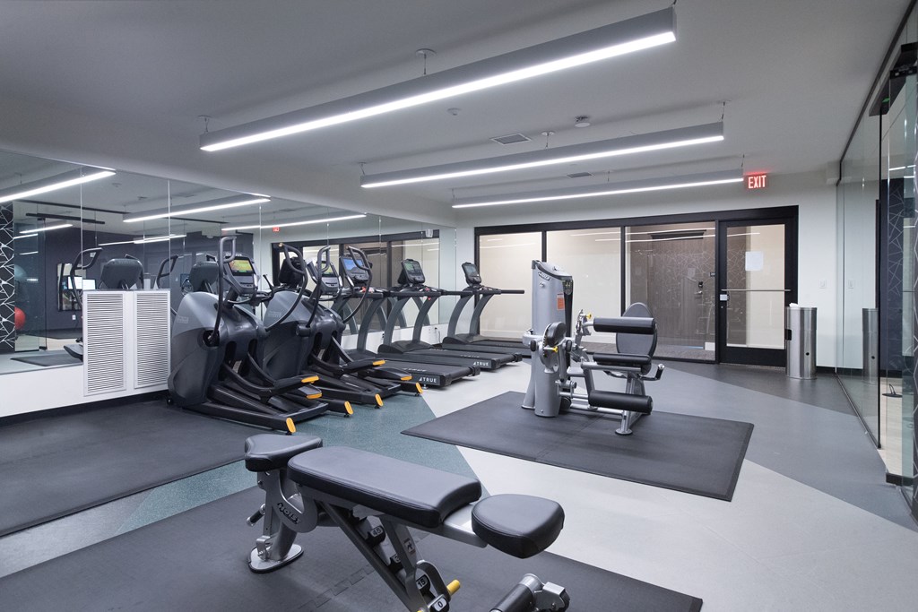 a gym with cardio equipment and weights