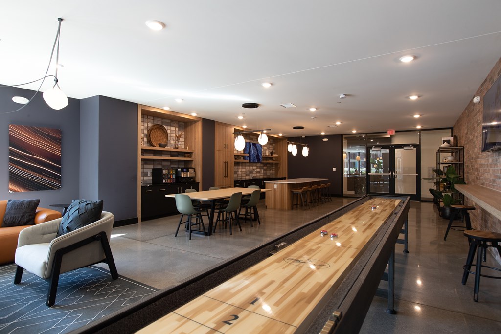 a bowling alley in the lobby of a building
