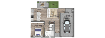 A floor plan of a home showing a kitchen, family room, laundry, and garage.